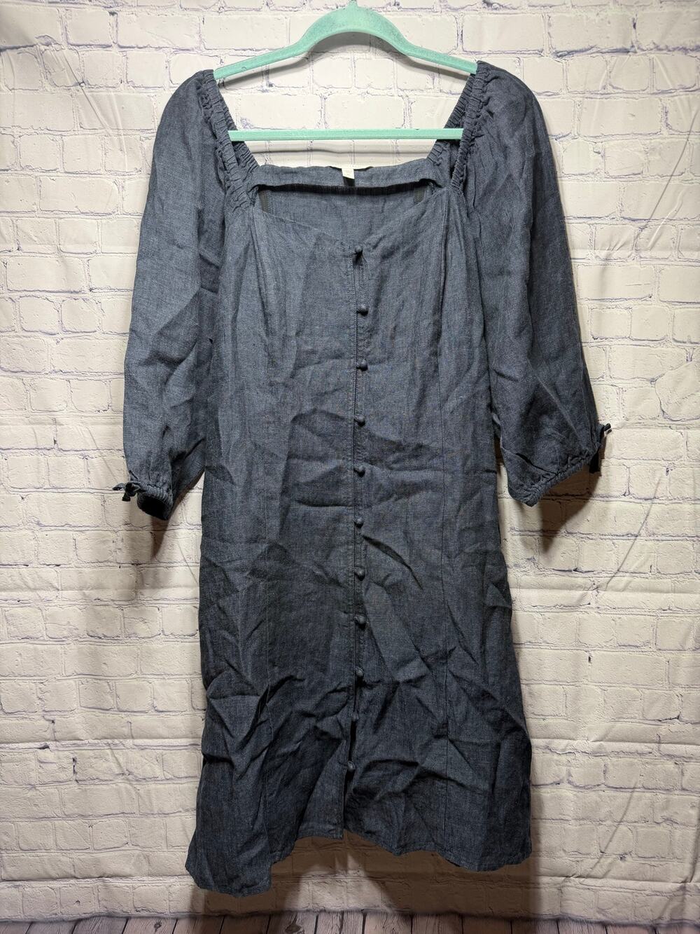 Garnet Hill Square Neck Linen Midi Dress Blue Sz XL NWOT Preppy Cottagecore